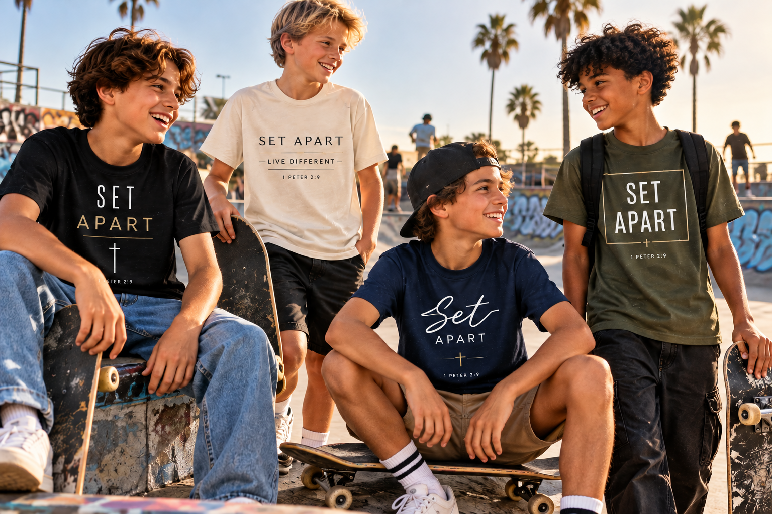 Boys together at a skatepark wearing SET APART T-shirts