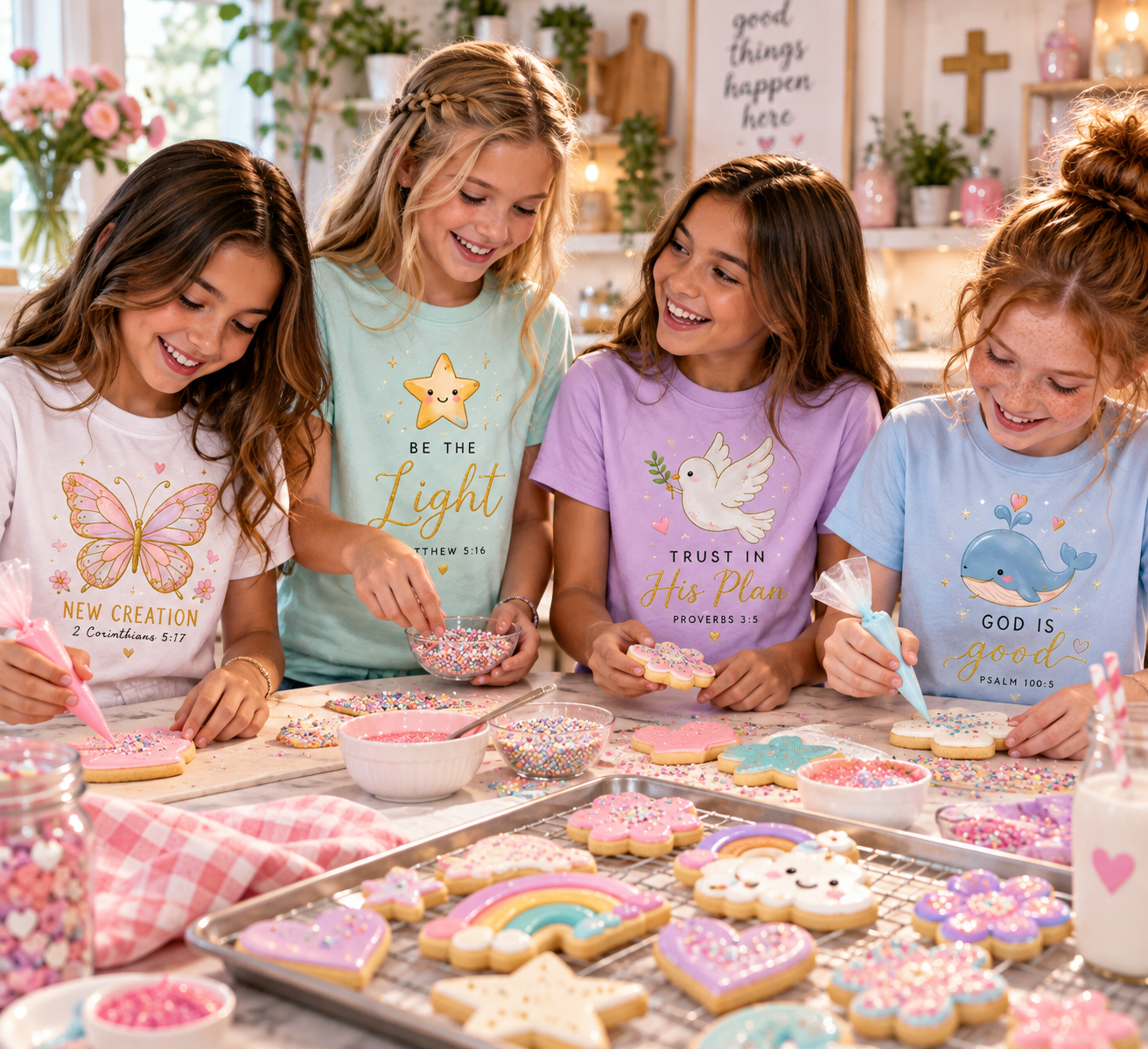 Girls decorating cookies in pastel SET APART T-shirts